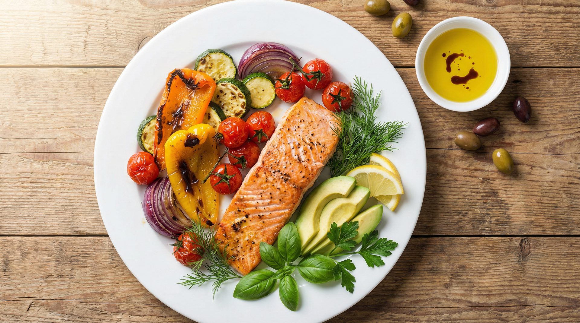 Whole-food Mediterranean meal representing the Root Cause approach to healing through nutrition